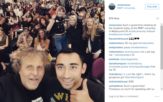 Renzo Rosso and Nicola Formichetti with RMIT student audience. Photo posted by Renzo on Instagram.